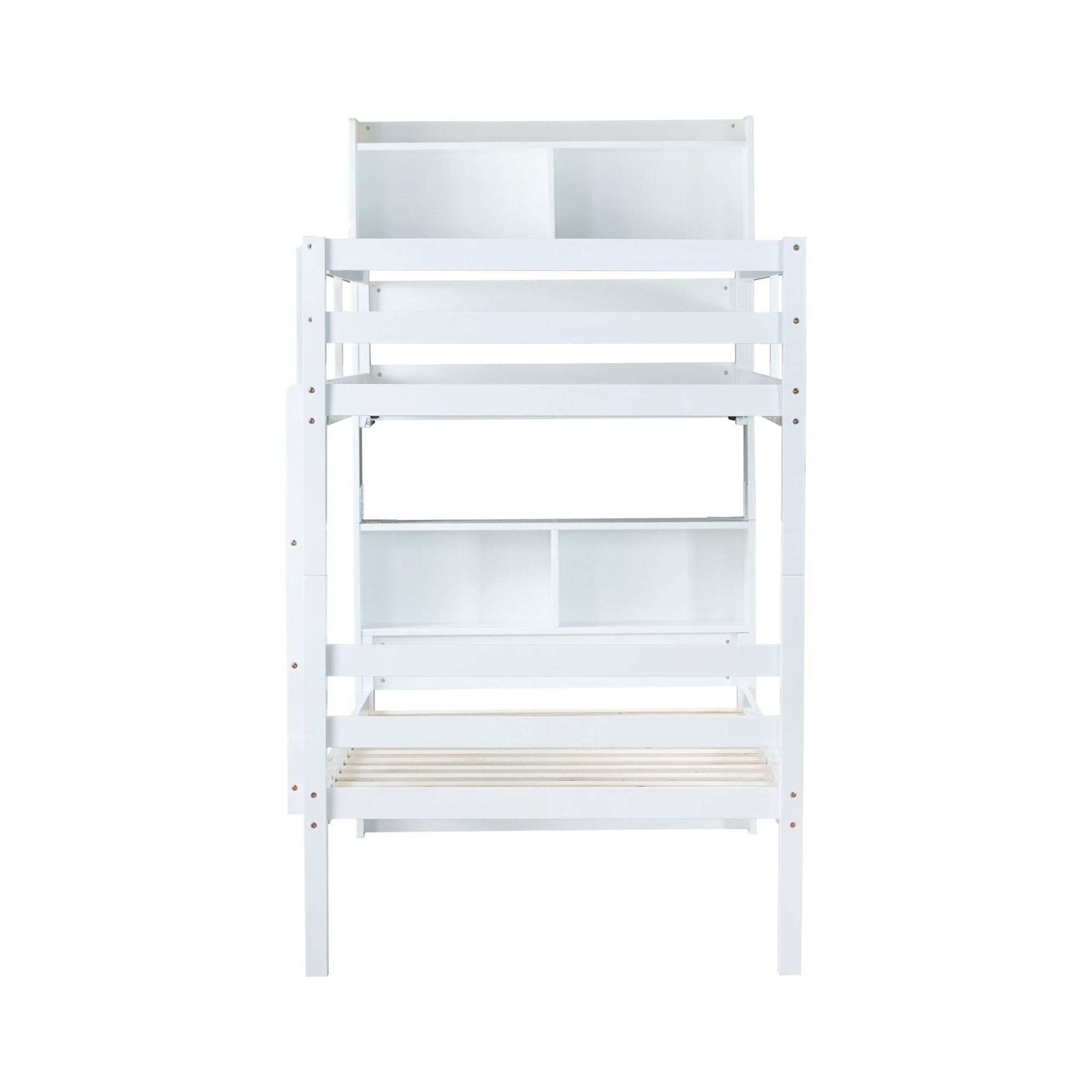 Noble House Twin Over Twin Bunk Bed, Rubber Wood Frame with Shelves Headboard & Detachable Design, White