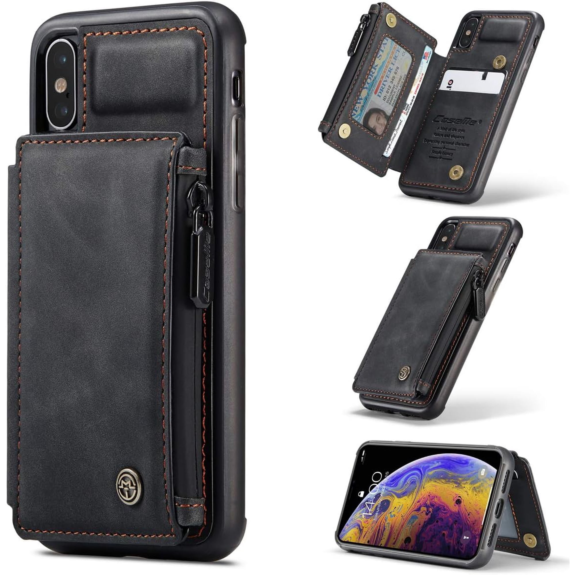 Case for iPhone X iPhone Xs, Vintage PU Leather Case with RFID Blocking Zipper Pocket Wallet Cover Card Slots Magnetic Clasp Kickstand TPU Bumper Shockproof case for iPhone X/XS - Black