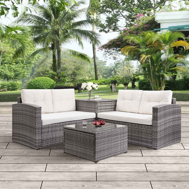 Wicker Bistro Patio Sets 4 Piece Rattan Patio Furniture Patio Sectional Set W Loveseat Sofa Coffee Table Storage Box Outdoor Conversation Sets For Backyard Poolside Garden Beige Cushions W12060 Walmart Com Walmart Com