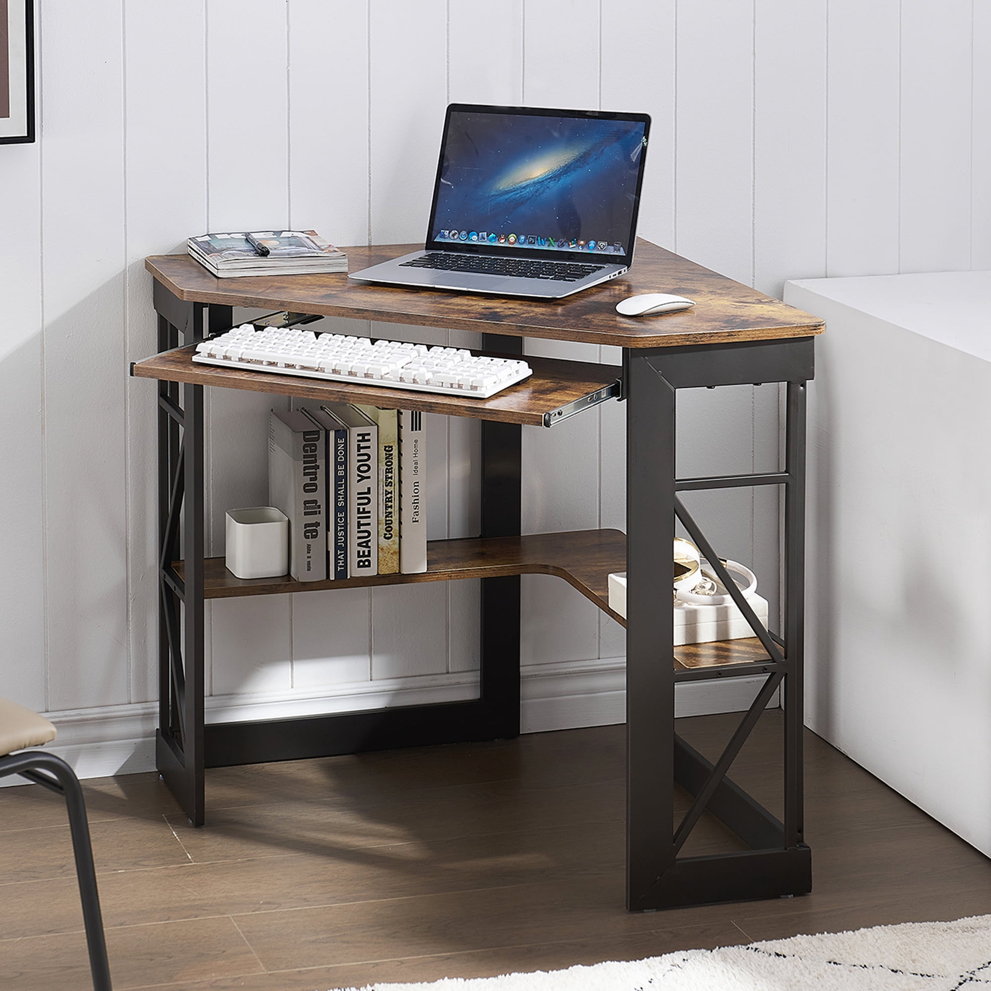 VECELO Corner Computer Desk with Keyboard Tray and Storage Shelf, Student Study Writting Table Workstation for College Dorm Apartment Home Office, Antique Brown (90 Degrees)