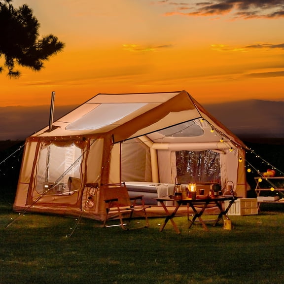 CANVORA 97 FT² Inflatable Camping Tent, 4-6 Person Blow Up Hot Tent with Stove Jack, 2 Clear Skylights, 4-Side Access and Hand Pump, 300D Oxford 4 Season Family Tent