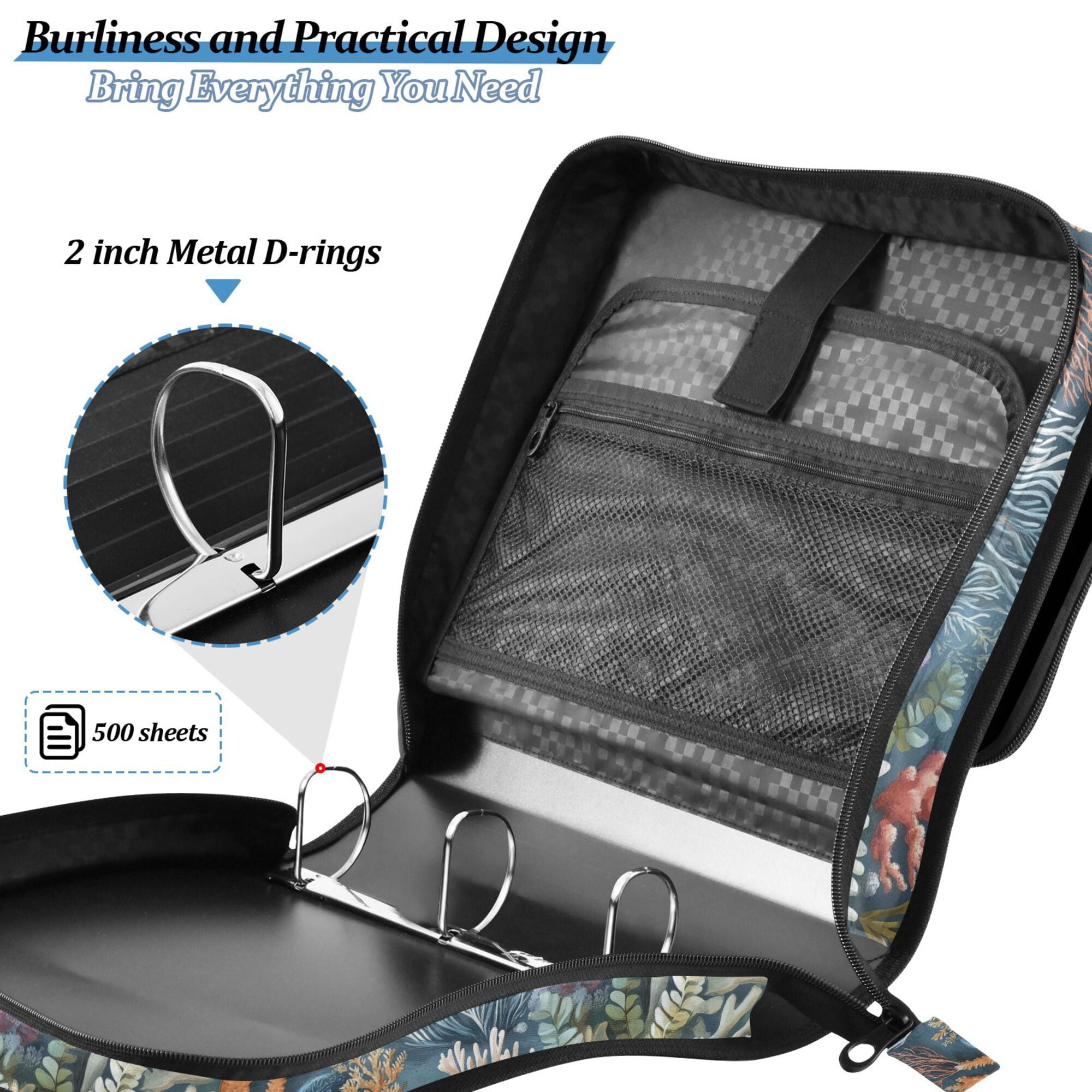 FORMRS Zipper Binder with Shoulder Strap 2-inch Ring 500 Sheet Capacity File Bag, Sea Plants Pattern