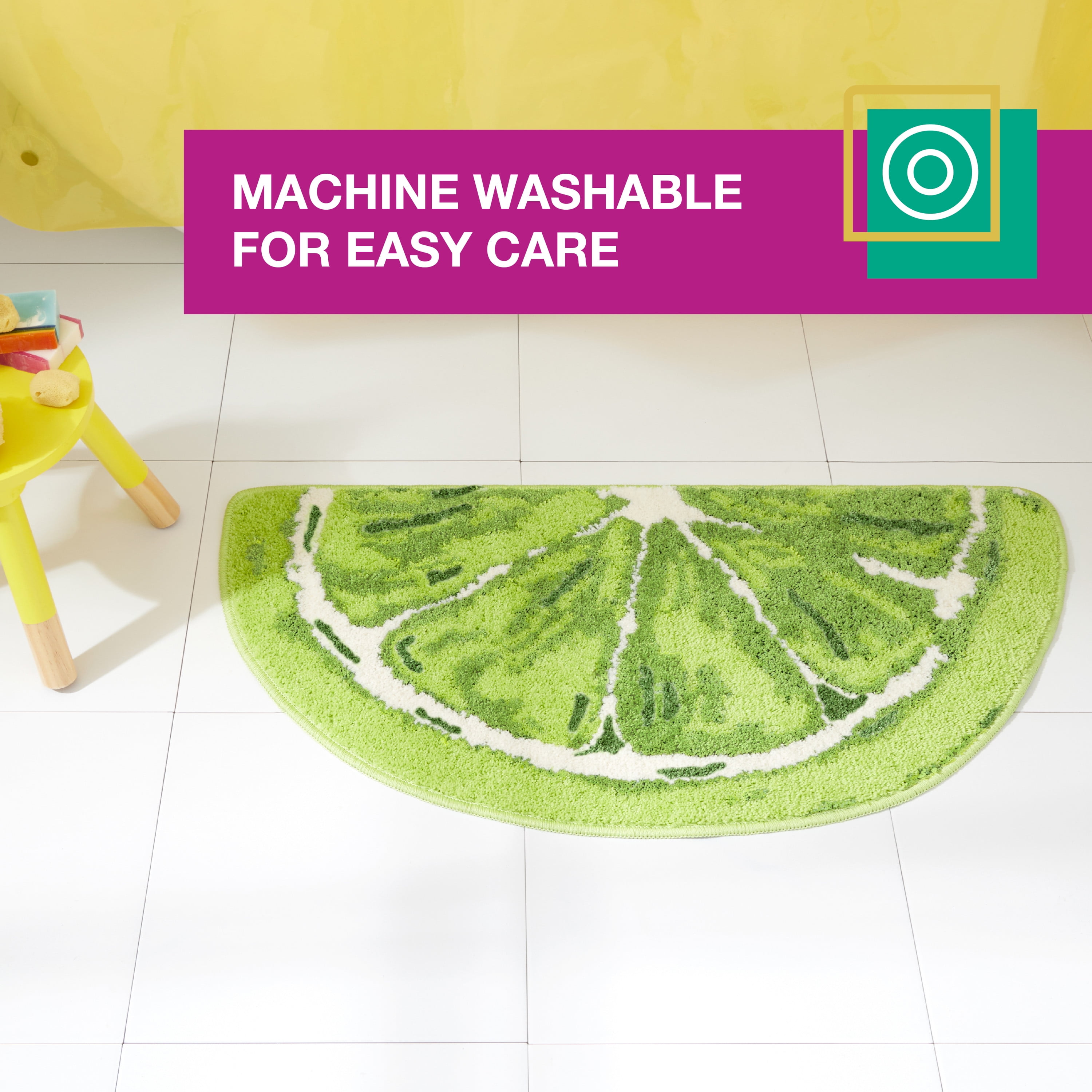 TOWN & COUNTRY PLAY Citrus Slice Lime Half Circle Shaped Bath Mat, Absorbent Tufted Floor Mat, Non-Slip Backing, Machine Washable, Green, 34.7"x18.1"