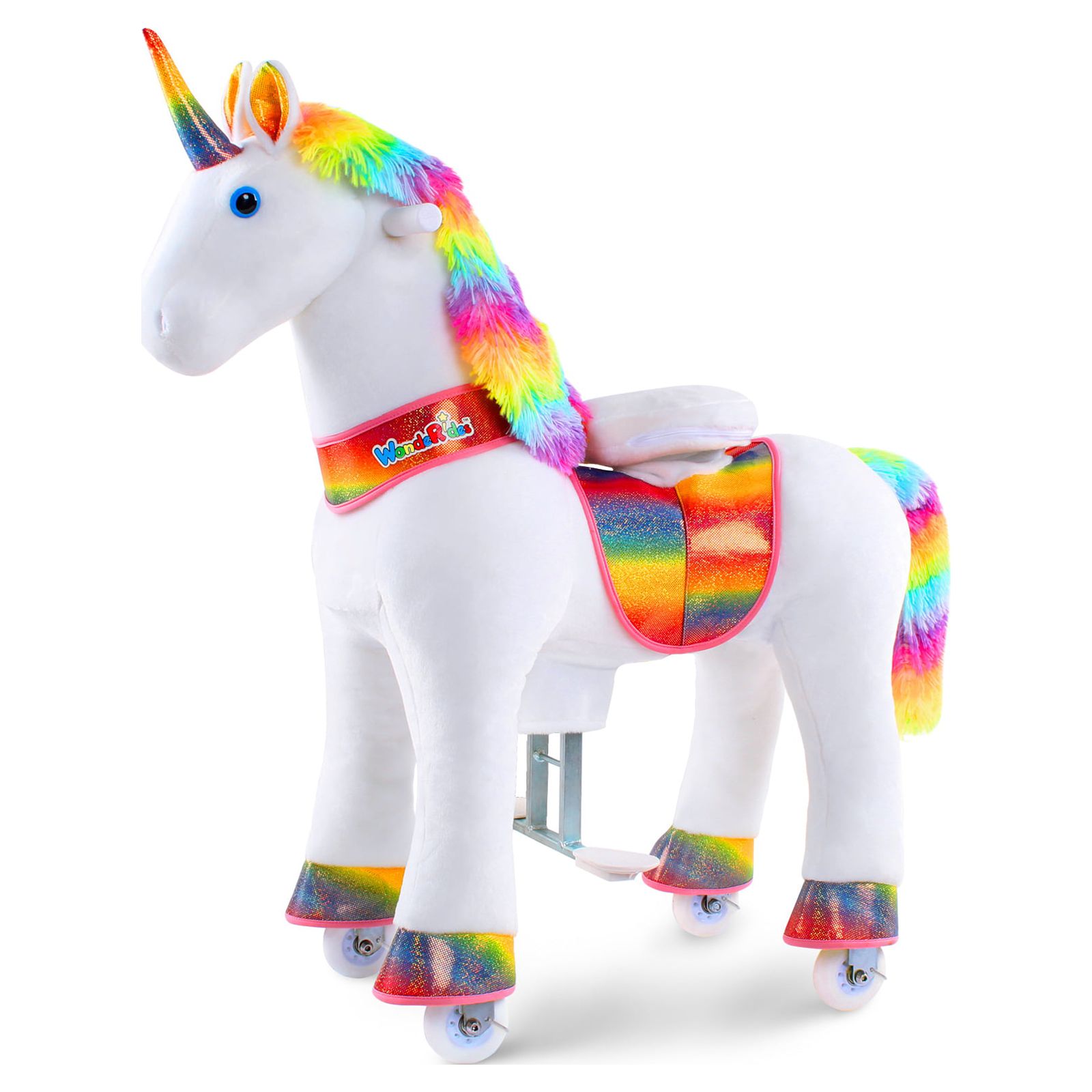 WondeRides Ride on Rainbow Unicorn Horse, Rocking Horse Riding Pony Toy (Medium Size 4, Height 36 Inch) for Ages 4-9 Years Kids Toys, Mechanical Moving Giddy up Walking Horse Plush Animal with Wheels - image 4 of 10