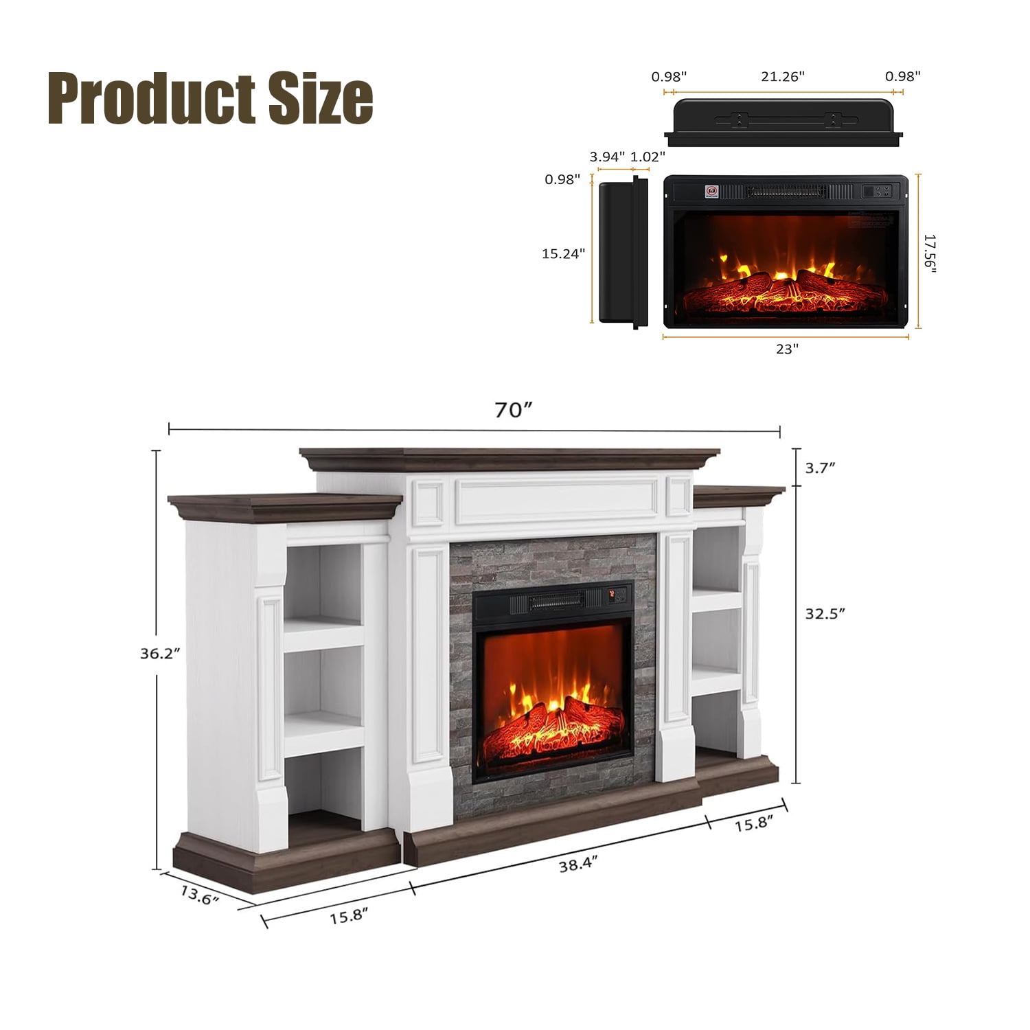 Electric Fireplace with 70" Mantel, Stacked Stone Surround with 23" Fireplace Insert, Adjustable Flame, Remote Control, White