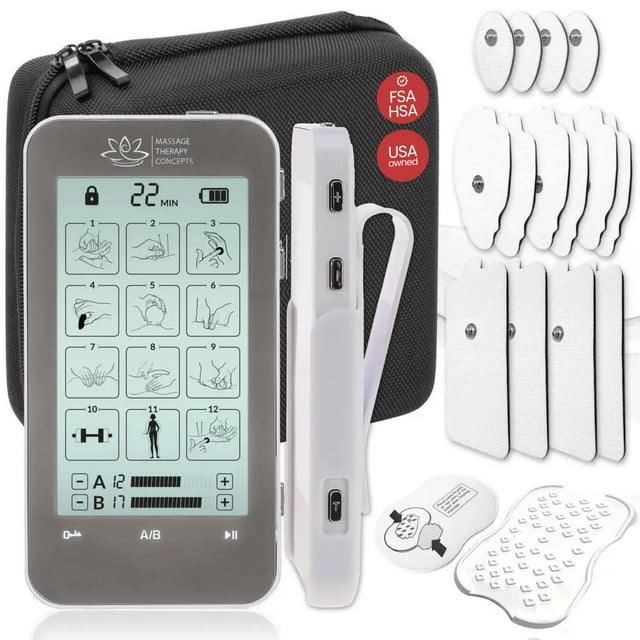 Massage Therapy Concepts Deluxe TENS Unit Muscle Stimulator & Accessories - Non-Invasive EMS Machine for Neck & Back Pain Relief, Sciatica - Electrotherapy with 12 Modes & 20