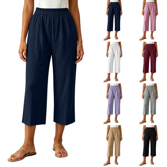 Nugftut Capri Pants for Women Elastic Waisted Capris Lightweight Loose Summer Beach Vacation Casual Pants