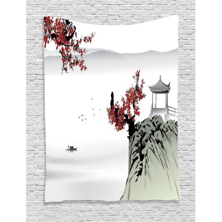 - Asian Decor Wall Hanging Tapestry, Asian River Scenery With Cherry Blossoms And Boat Cultural Hints Mystical View Artsy Work, Bedroom Living Room Dorm Accessories, By Ambesonne