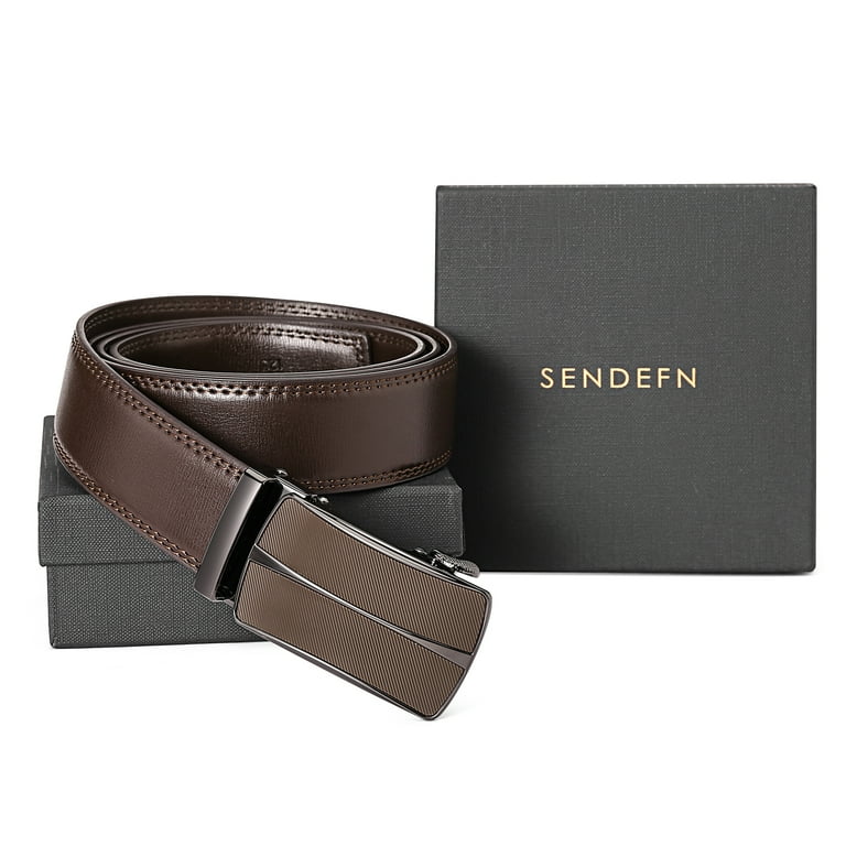 SENDEFN Leather Belt for Men Automatic Ratchet Buckle Slide Dress Casual  Belts 1 3/8'' Wide, Adjustable Trim to Fit 