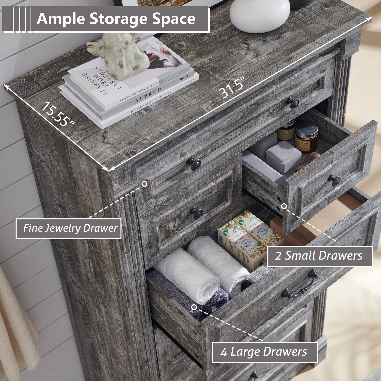 wow97e Farmhouse 7 Drawers Dresser for Bedroom, 57" Tall Wooden Chest of Drawers w/Roman Column, Storage Dressers for Hallway, Living Room