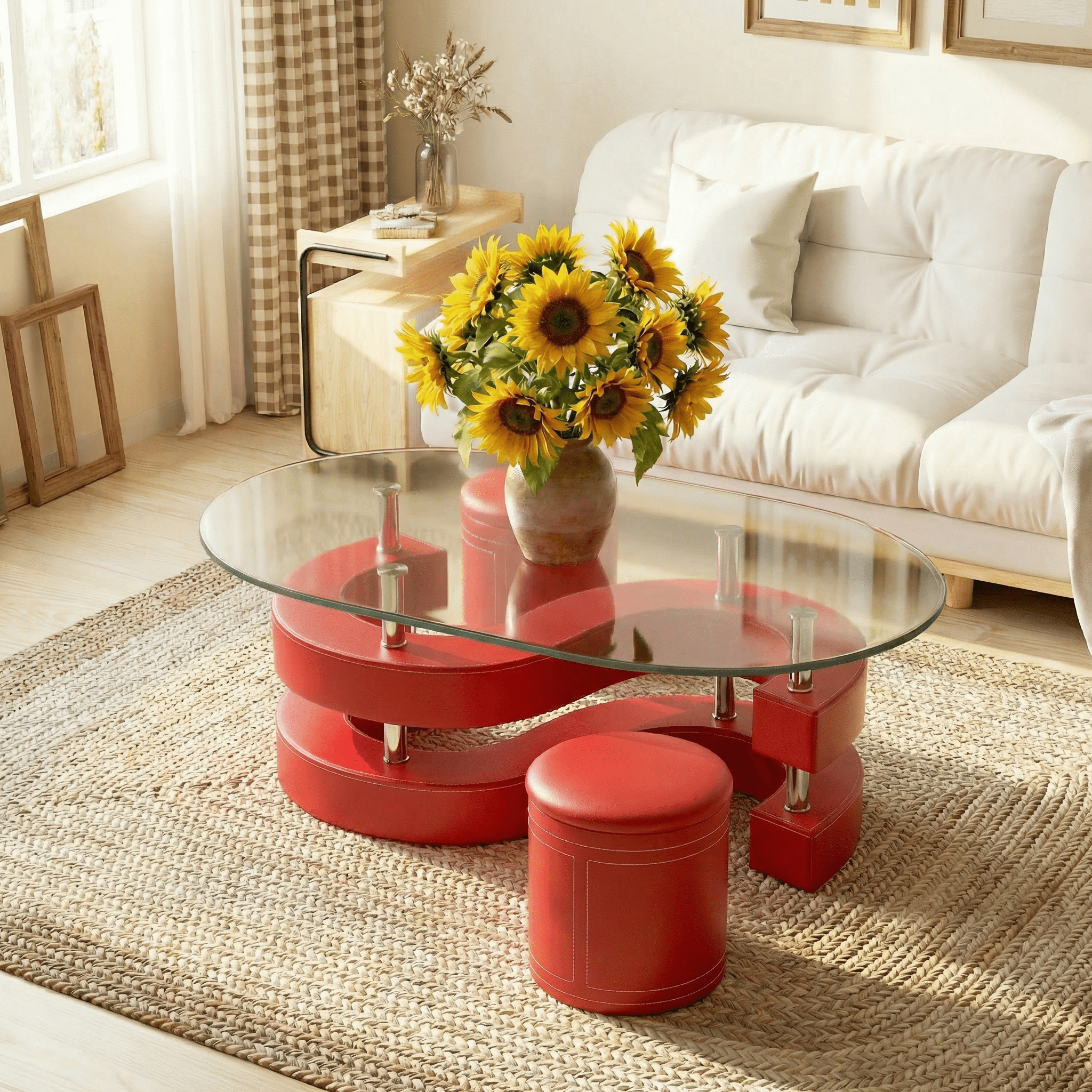 3 Pieces Coffee Table Set, 0.39" Tempered Glass Top and S Shape Base, Oval Modern Coffee Table with 2 Leather Stools, Accent Coffee Table for Living Room Bedroom