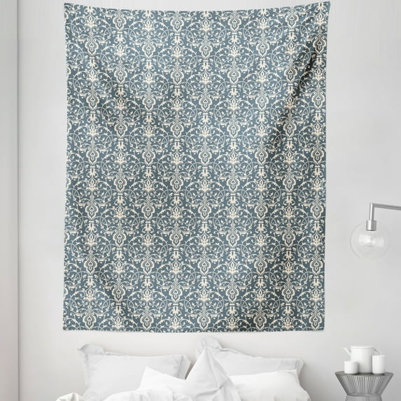 Damask Tapestry, Symmetrical Civilizations Motif with Floral Arrangement Leaves and Flower Buds, Fabric Wall Hanging Decor for Bedroom Living Room Dorm, 5 Sizes, Cream Grey, by Ambesonne