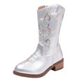 thumbnail image 2 of NIEWTR Girls Cowboy Boots Classic Western Floral Embroidery Sparkly Rhinestone Little Big Kids Cowgirl Boots Side Zipper Toddler Girls Boot Riding Concert Party Wedding(A-Silver,2.5), 2 of 7