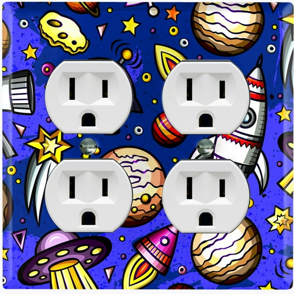 Metal Light Switch Wall Plate Outlet Cover (Spaceship UFO Astronaut Rocket Outerspace Star Blue Purple - Double Duplex)