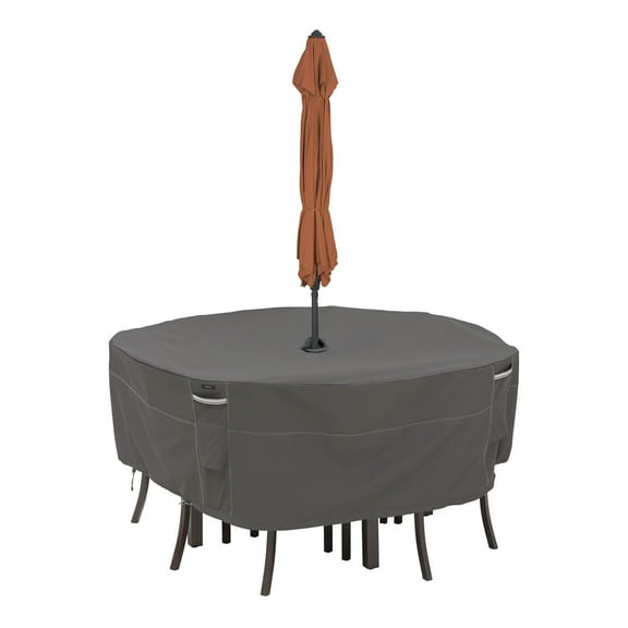 Classic Accessories Ravenna® Round Patio Table & Chair Set Cover with Umbrella Hole - Premium Outdoor Furniture Cover with Water Resistant Fabric, Small (55-800-025101-EC)