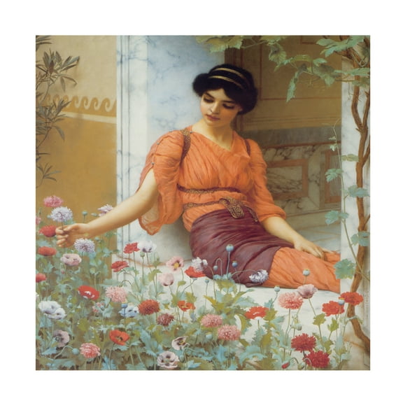 Canvas Wall Art - Masters Collection 'Summer Flowers John William Godward' Wall Art for Living Room, Bedroom, or Office Décor by Trademark Fine Art - 14 x 14 Inches