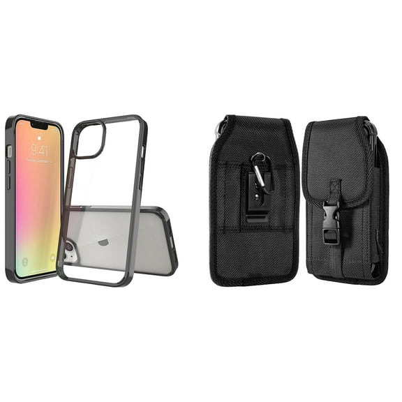 Bemz Case and Pouch Bundle for iPhone 14 Pro: Fusion Protector Slim Case (Black/Clear) and Vertical Nylon Buckle Belt Holster