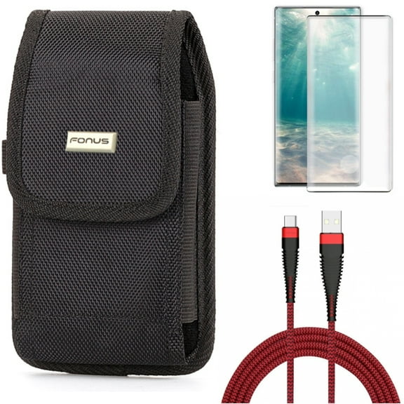 10ft USB Cable & Case Belt Clip & Screen Protector for Samsung Galaxy Note 20 (6.7") - Combo with Type-C Charger Cord & Rugged Holster & Tempered Glass (Fingerprint Unlock)