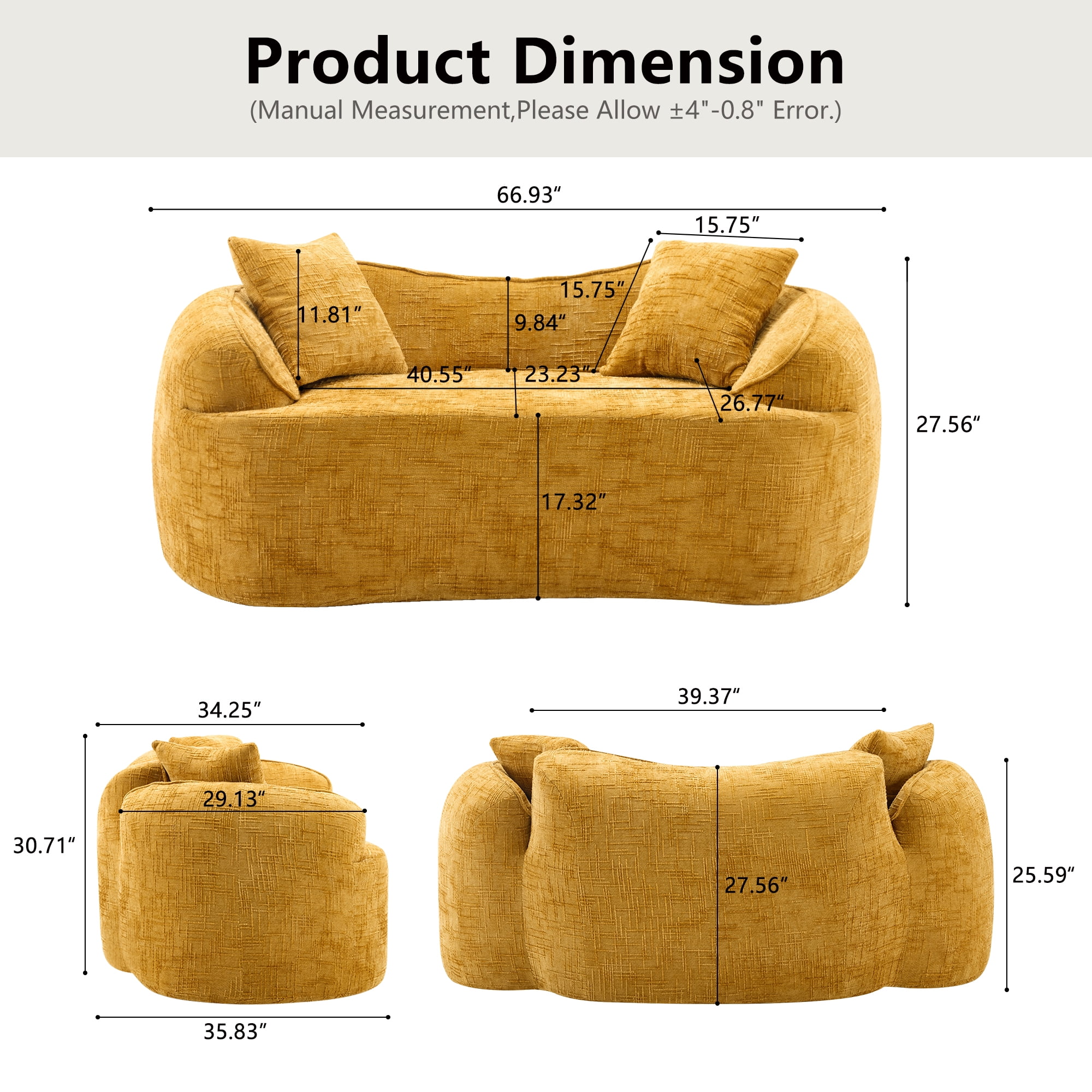 Curved Loveseat, Yellow Compress Chenille Sofa with Two Pillows and Armrests, Foam Spring 2-Seater for Small Apartment Living Room or Bedroom, 67-Inch
