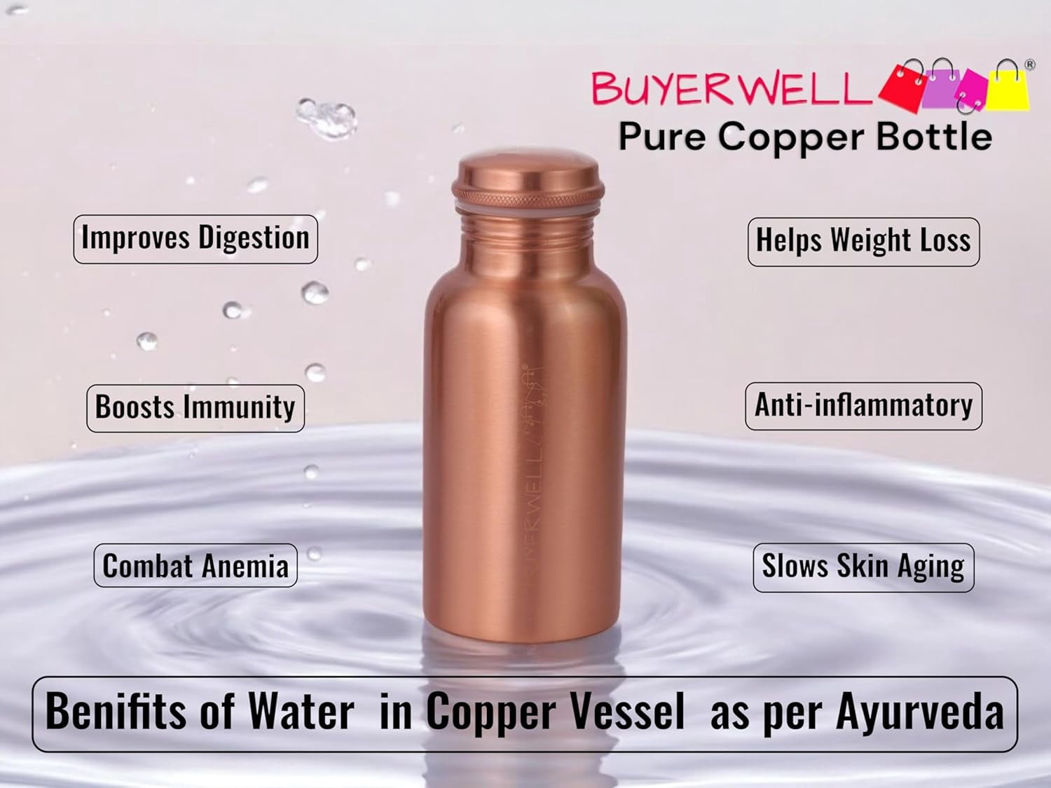 BUYERWELL 100% Pure Copper Water Bottle 17 Oz Bottle with Lid – Ayurvedic Vessel – Copper Water Vessel – Small -Leak Proof - Seamless Matt Finish