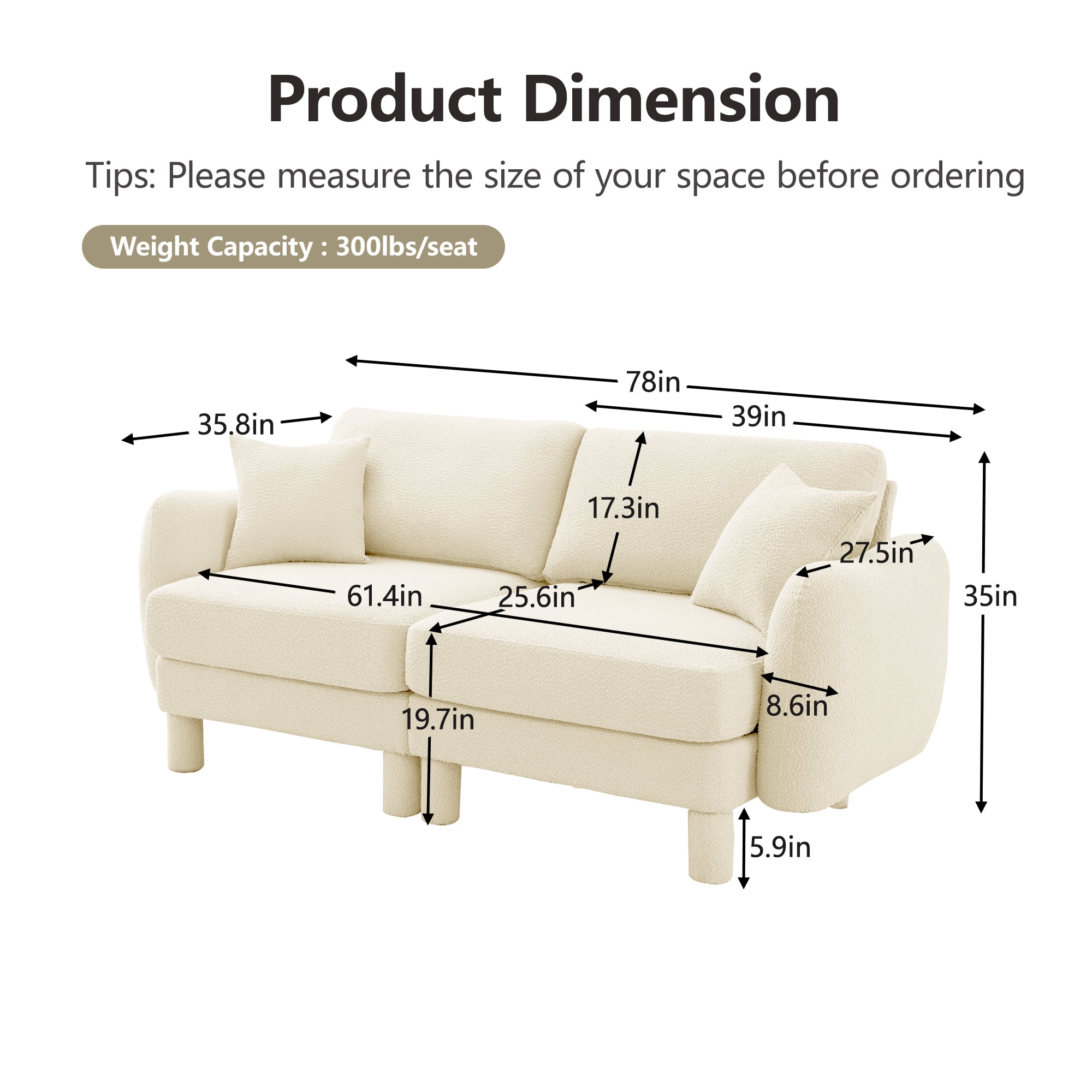 Gewnee Beige 2-Seater Boucle Loveseat with Shell Armrests & Fabric-Wrapped Cylindrical Legs - Ideal for Bedroom Reading Nook, Home Office Lounge