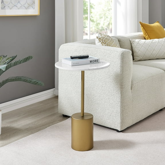 Danya B. Fritz Midcentury Modern Pedestal Side Accent Table with Gold Metal Base and Genuine White Marble Stone Tabletop