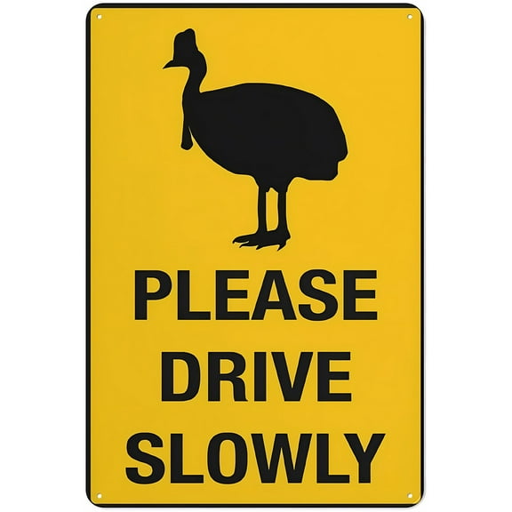 Cassowary Please Drive Slowly Aluminum Sign 12 x 8 Inches - UV Protected, Waterproof, Weatherproof, Fade Resistant, 4 Pre-Drilled Holes, Rural Road, Wildlife Use