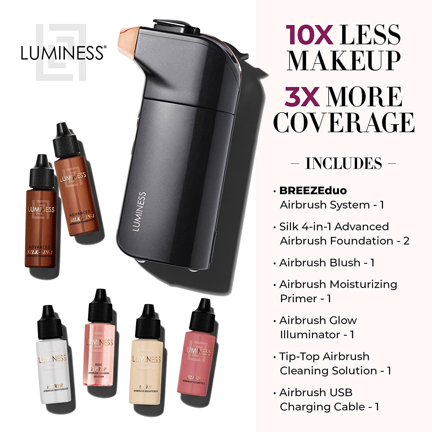 Luminess BREEZE DUO Airbrush Makeup System, Rich Coverage – 9-Piece Kit includes 2x Silk Advance Foundation, Airbrush Blush, Love Illuminator, Moisturizer Primer, and Tip Top Cleaning Solution