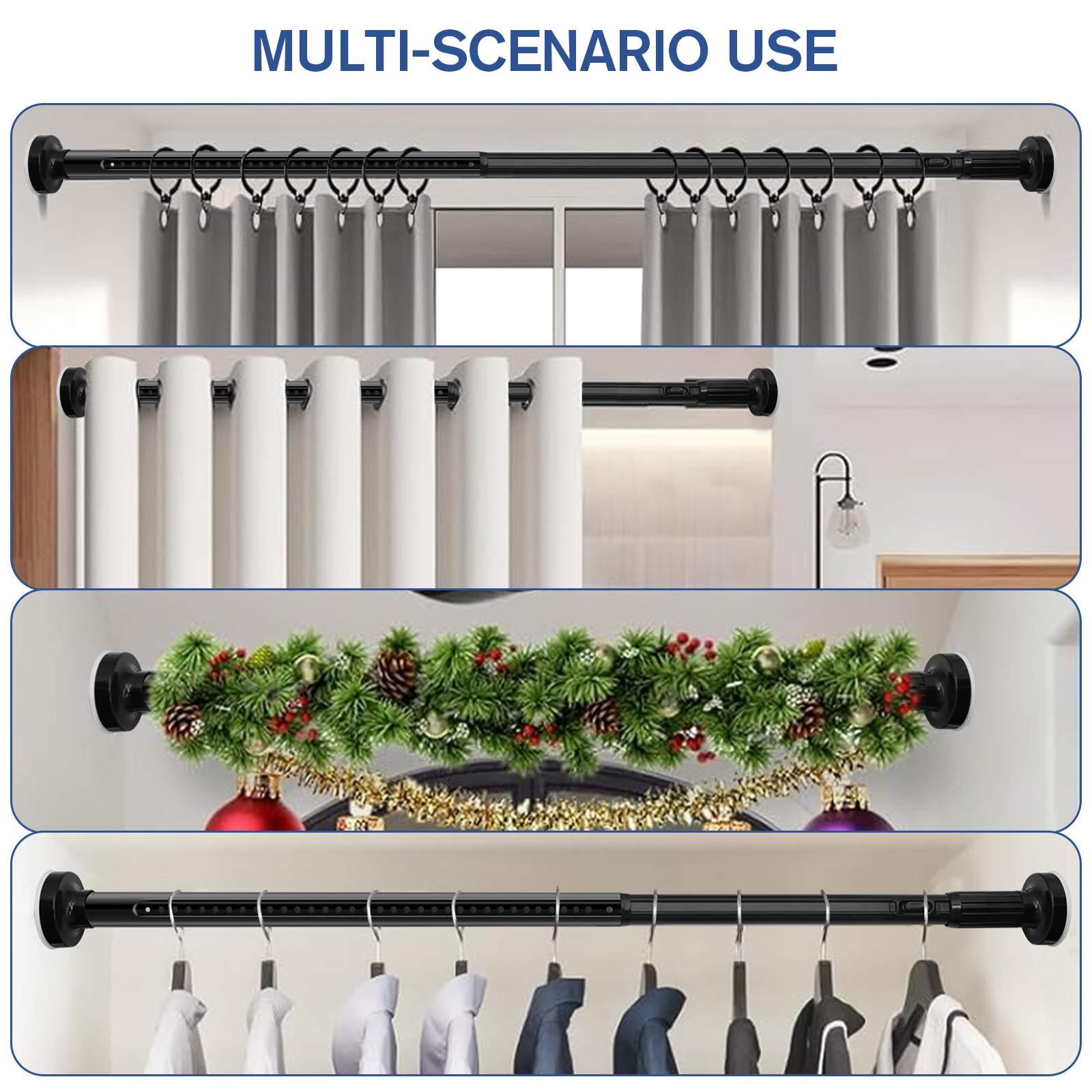 GIRACOA One-Push Tension Curtain Rod, 39-173 Inches Extra Long No Drill Adjustable Spring Rod, Heavy Duty 370 lbs Support, Rustproof Steel for Patio Outdoor Bathroom Window, Matte Black