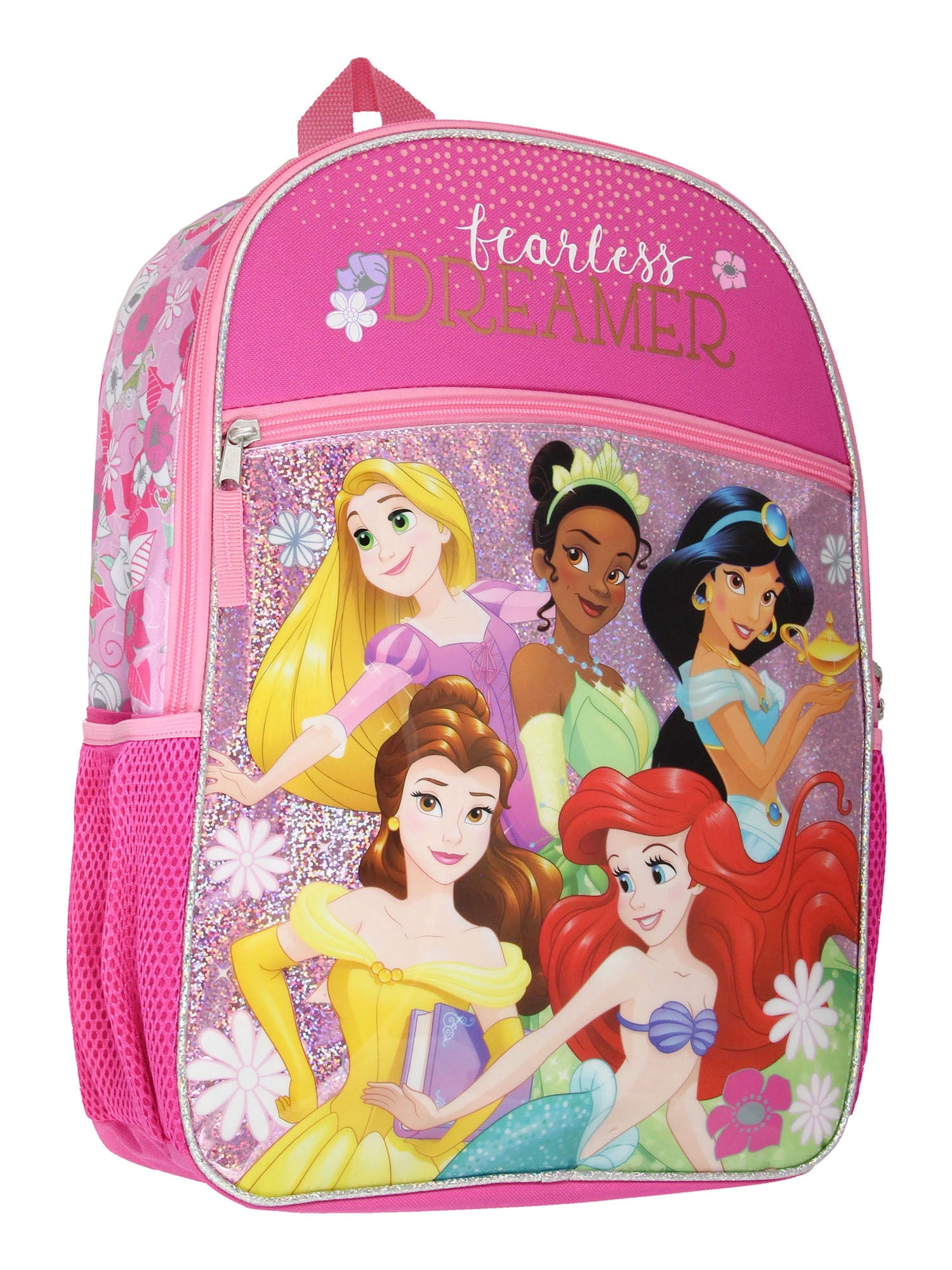 Disney Princess Fearless Dreamer Rapunzel Jasmine Belle Ariel Tiana Pink 16" School Travel Backpack