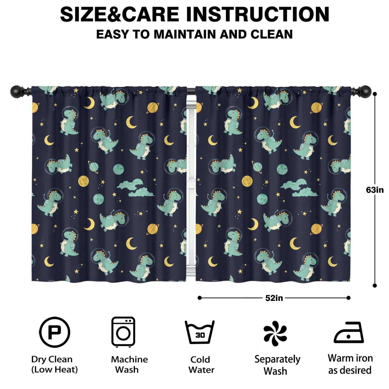 Blackout Kids Curtains,Dark Blue Dinosaurs Space Pattern Childrens Insulated Curtains Set Of 2,Bedroom Essentials,Toddler Room Decor 52"x63"