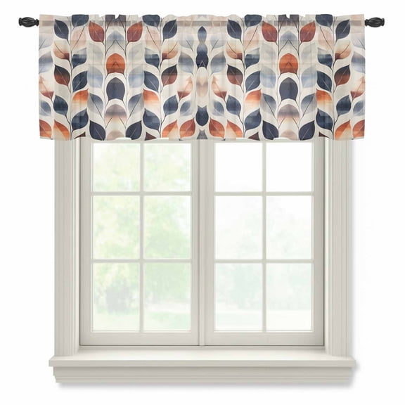 Navy Blue Burnt Orange Botanical Valance Curtains for Kitchen/Living Room/Bathroom/Bedroom Window, Rod Pocket Small Topper Half Short Window Curtains Voile Sheer Scarf, Vintage Leaves 54"x18"