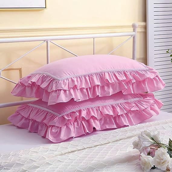 2-Pack Pink Pillow Shams Pillowcases with Lace and Ruffles Cotton Queen Size 20"X30" Shabby Chic