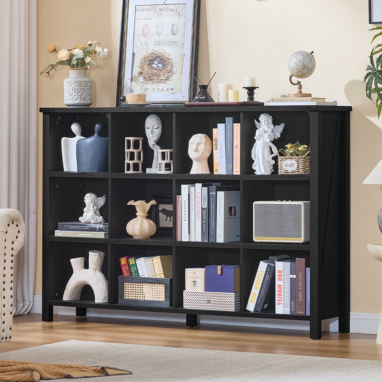 Joaxswe 12-Cube Bookcase and Bookshelves, 62'' Width Open CD Display Storage Rack, Vintage Cubby Cabinet for Living Room, Black