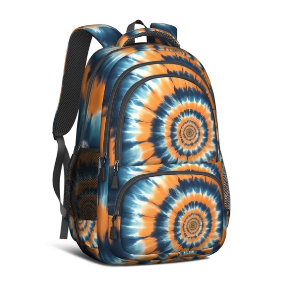 Orange and Blue Tie Dye Pattern Backpack for School, Cute School Bag with Adjustable Shoulder Straps and Padded Back, 16.9"x12.6"x5.9"