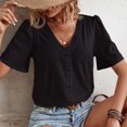 thumbnail image 3 of Blusa informal holgada de manga corta con encaje y escote en V con ojales para mujer, color negro, para verano, 3 of 6