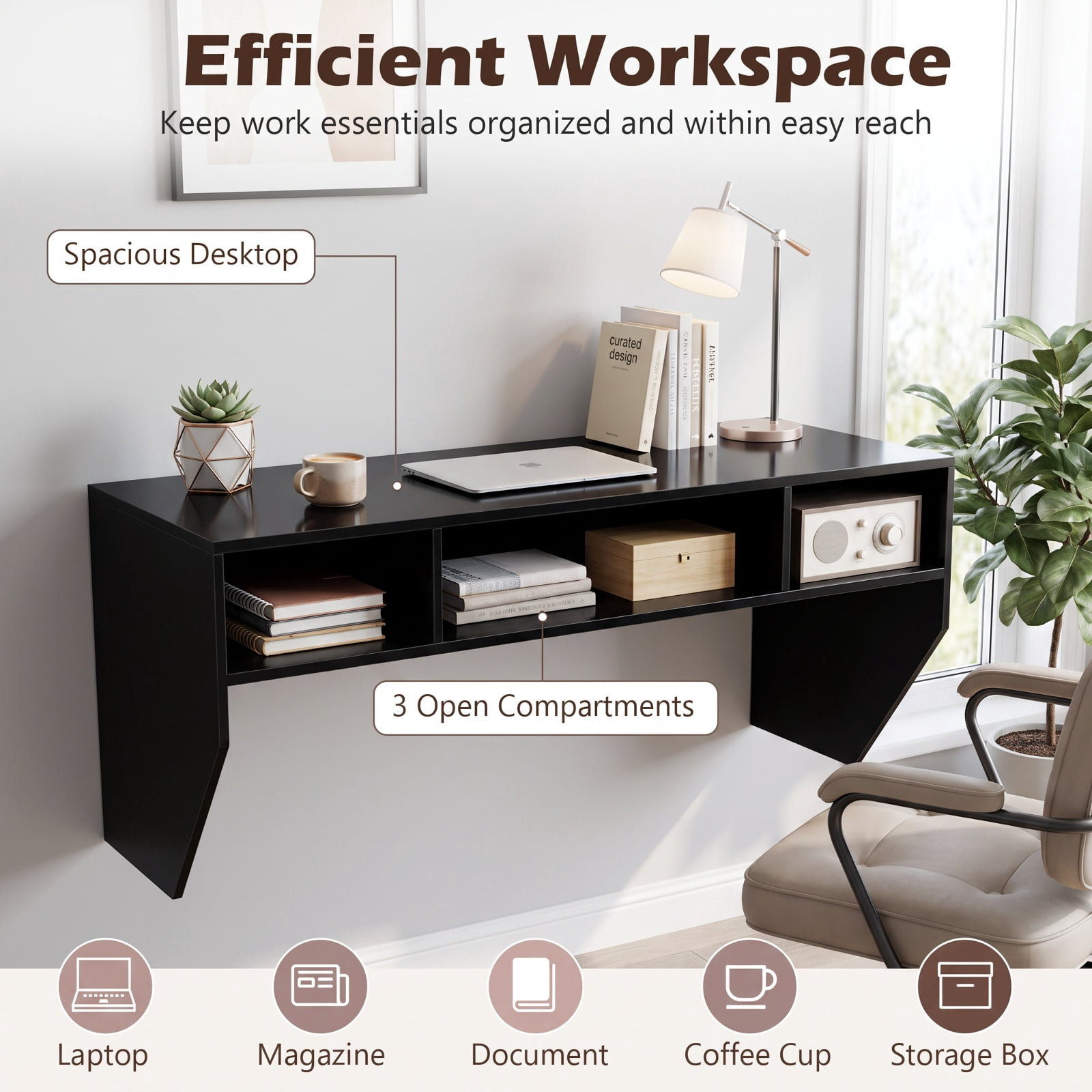 Furnibear Wall-Mounted Computer Desk Floating Laptop Desk with 3 Storage Compartments for Home Office Study Computer Writing Workstation, Black