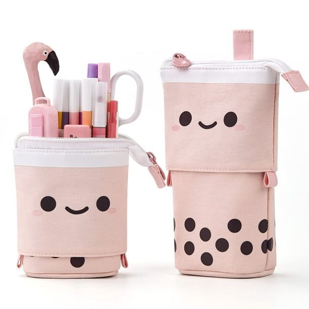 Lindo estuche para lápices, soporte para bolígrafo, bolsa de maquillaje telescópica, bolsa de cosméticos emergente con cara sonriente Kawaii, estuche de papelería, caja organizadora de oficina para