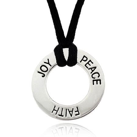 Large Round Silk Pendant - Inspire Sterling Silver .925 'Joy' Peace' 'Love' Word Talk Round Circle Black Silk Pendant Necklace