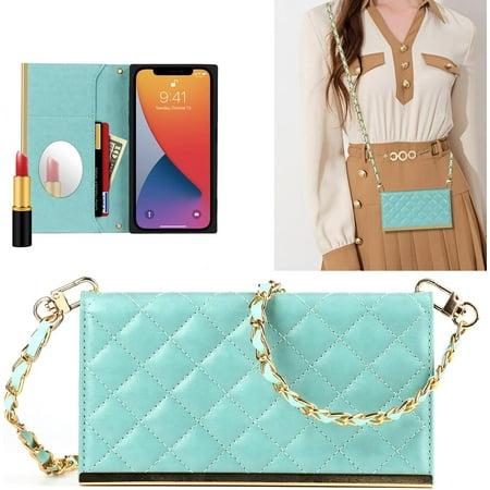 Wallet Case Apply to iPhone 12 mini Luxury Fashion Flip Purse Leather Bag with Card Slots Crossbody Chain Shoulder Strap with Mirror Bracket Shockproof Protector (iPhone 12 mini Blue)