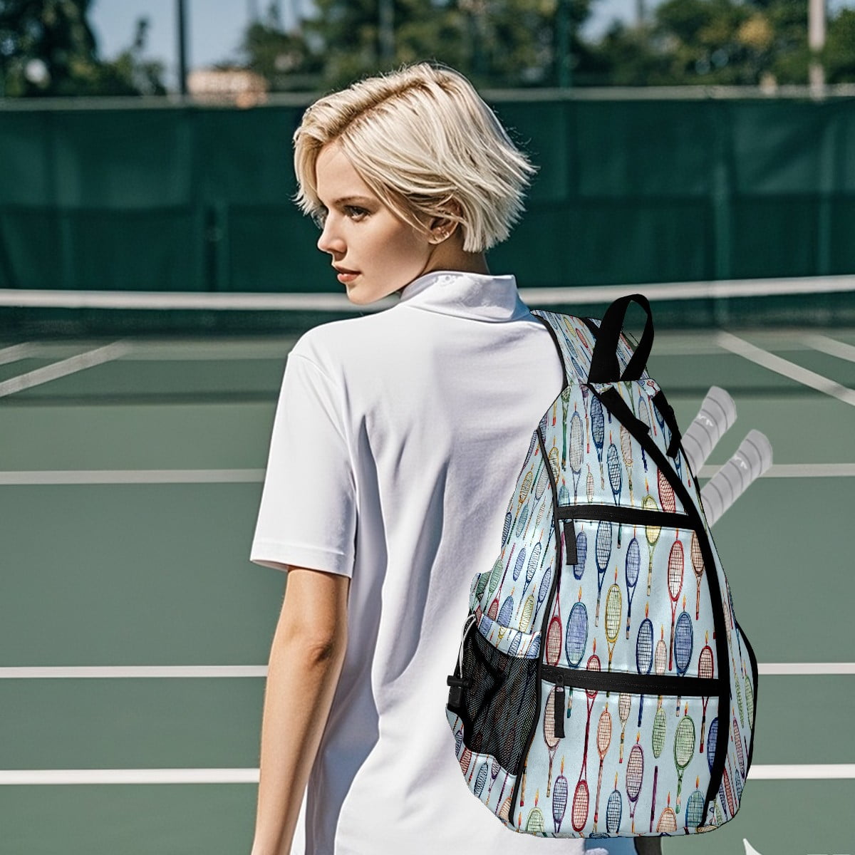 Pickleball Bag with Padded Back, Light Blue Tennis Rackets Multi-Compartment Paddle Backpack, Lightweight Nylon Sports Bag for Men & Women