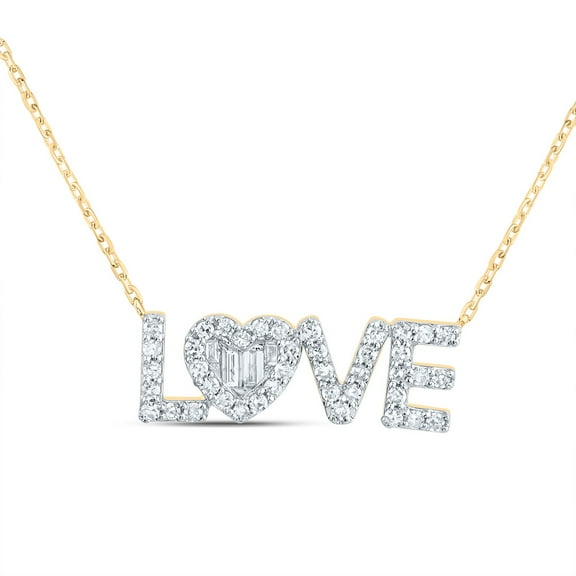 10K Yellow Gold Round & Baguette Diamond Love Heart 18" Necklace Charm 1/3 CT.