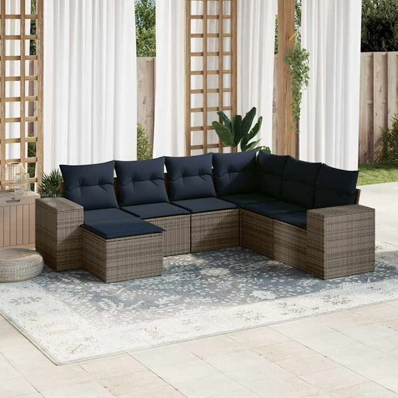 vidaXL 7 Piece Patio Sofa Set with Cushions Gray Poly Rattan