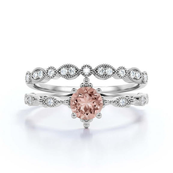Dazzling Boho & hippie 1.75 Carat Round Morganite And Diamond Moissanite Engagement Ring, Wedding Ring in 925 Sterling Silver With 18k White Gold Plating, Affordable Gift, Bridal Set, Matching Band