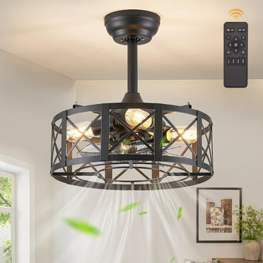 16in Caged Ceiling Fans with Lights and Remote, Black Fandelier Ceiling Fan with 6 Speeds and Timing, Farmhouse Samll Fan Lights Ceiling Fixtures for Kitchen, Bedroom, Outdoor-Black