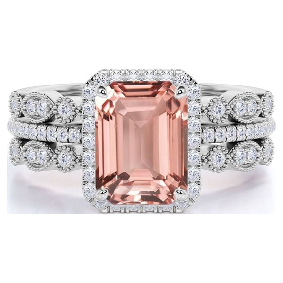 JeenMata Beautiful 2.25 Carat Emerald Cut created morganite and Moissanite Trio Wedding Ring Set in White Gold