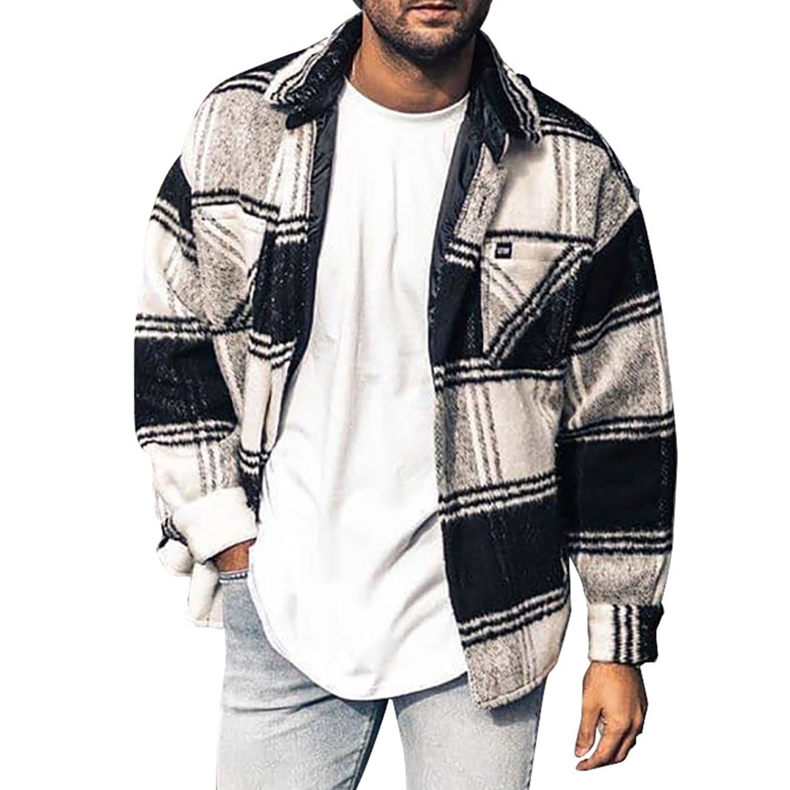 Fanshao Men Jacket Plaid Pattern Turn-Down Collar Cotton Blend Lapel Autumn Jacket Coat for Office, Men's, Size: 2XL, White