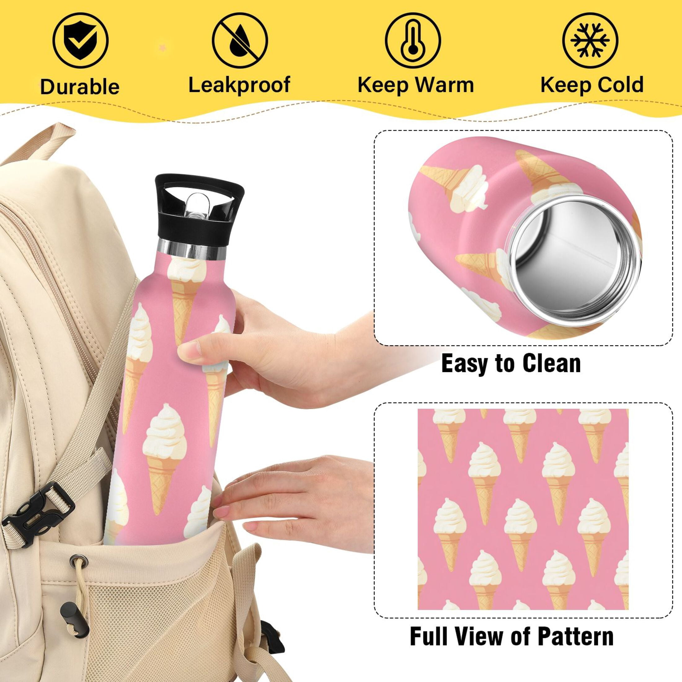 Kids Insulated Stainless Steel Sports Water Bottle 600ml Ice Cream Pattern