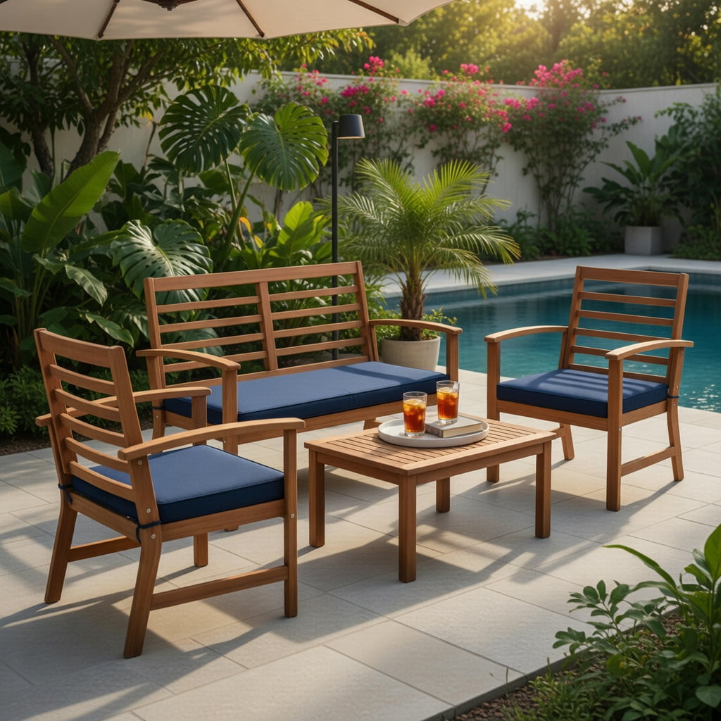 Hommoo 4-Piece Outdoor Patio Furniture Set, Acacia Wood Loveseat, 2 Chairs & Coffee Table with Cushions, Weather-Resistant Backyard Seating, Navy
