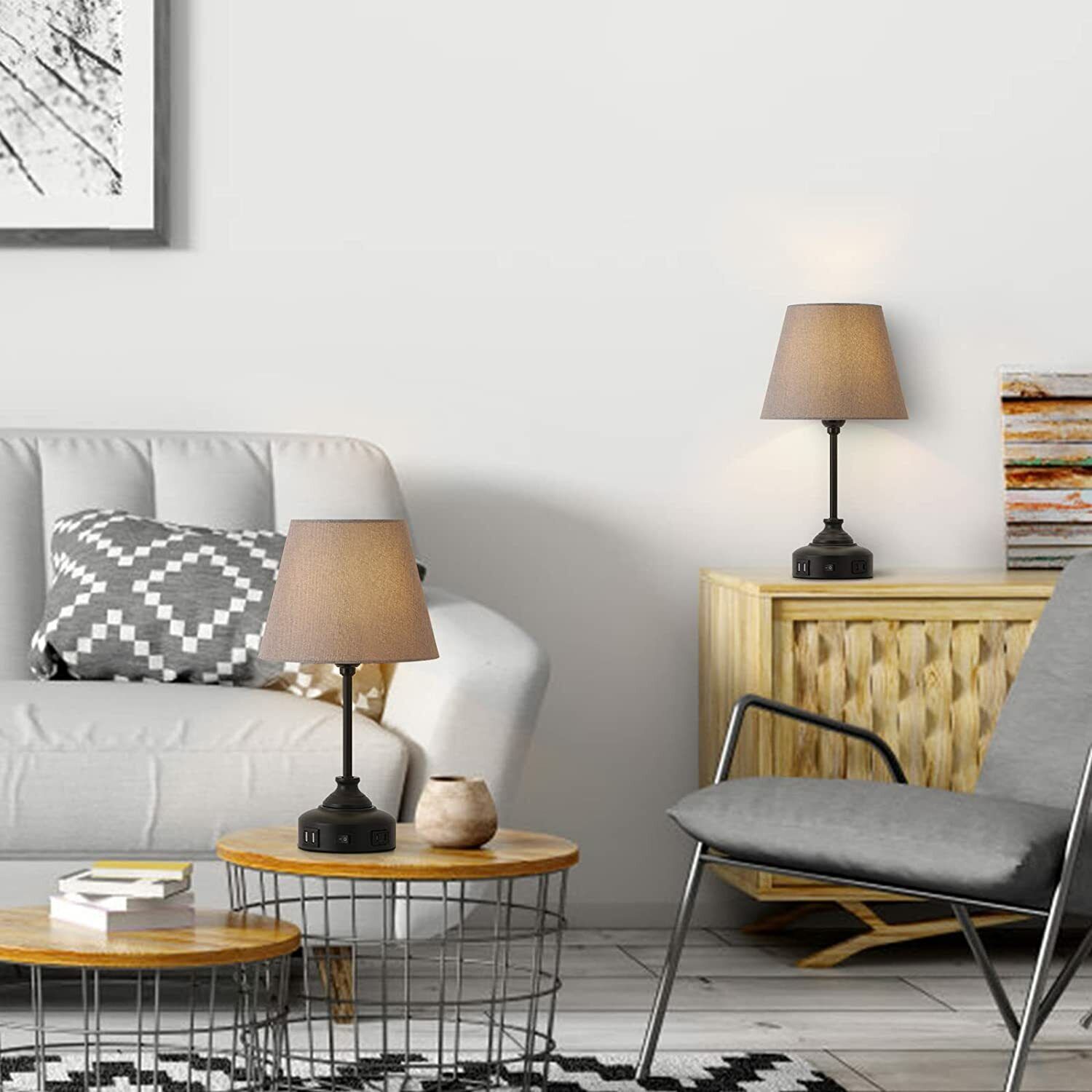 Set of 2 USB Table Lamps for Nightstand with Grey Lamp Shade Bedroom Nightstand